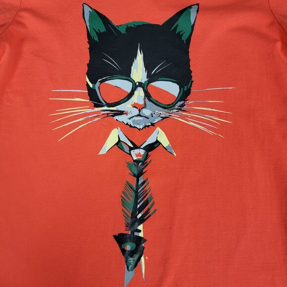 Bibisama Orange Cat With Fish Tie Short Sleeve V-Neck Stretch Cotton Tee - S - Picture 2 of 6